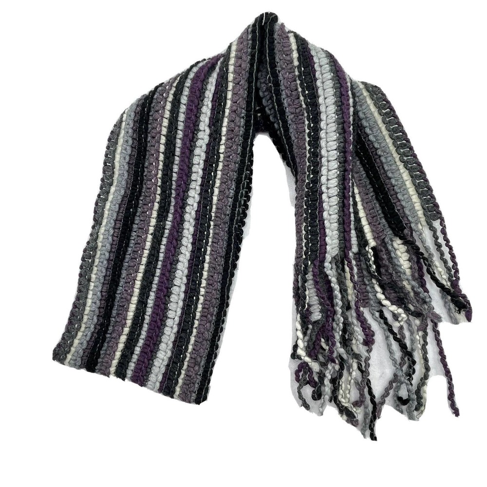 Luciano Berniโ Made In Italy 25% Virgin Wool Striped Scarf With Fringe 9" X 72"
